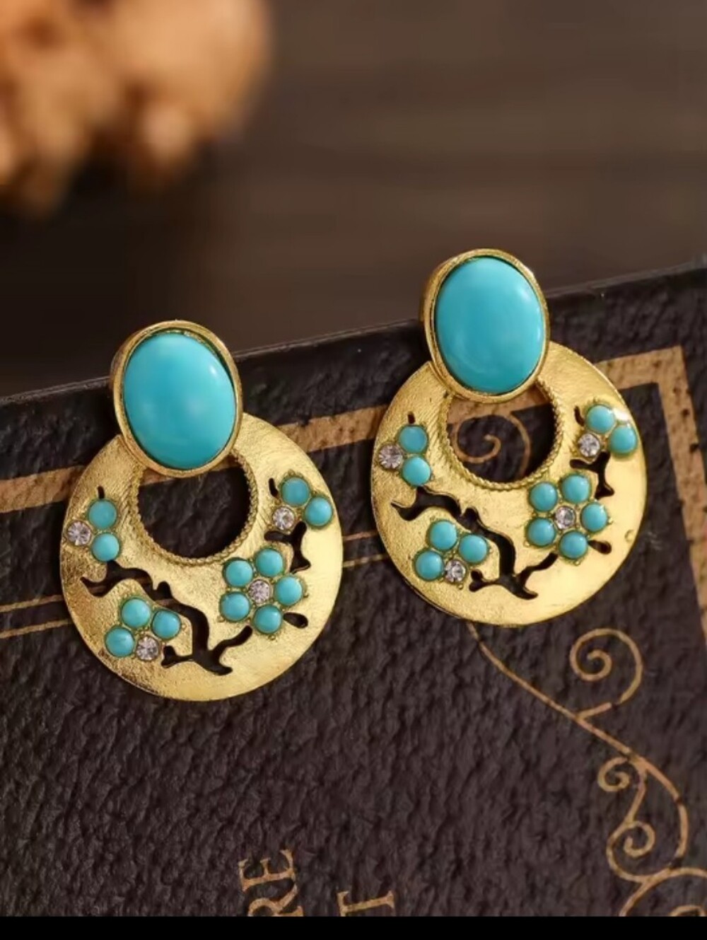 Vintage Gold Turquoise Earrings - Women Jewelry Floral New G34